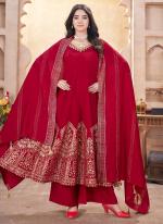 Roman Silk Red Ceremonial Wear Mirror Work Readymade Anarkali Suit